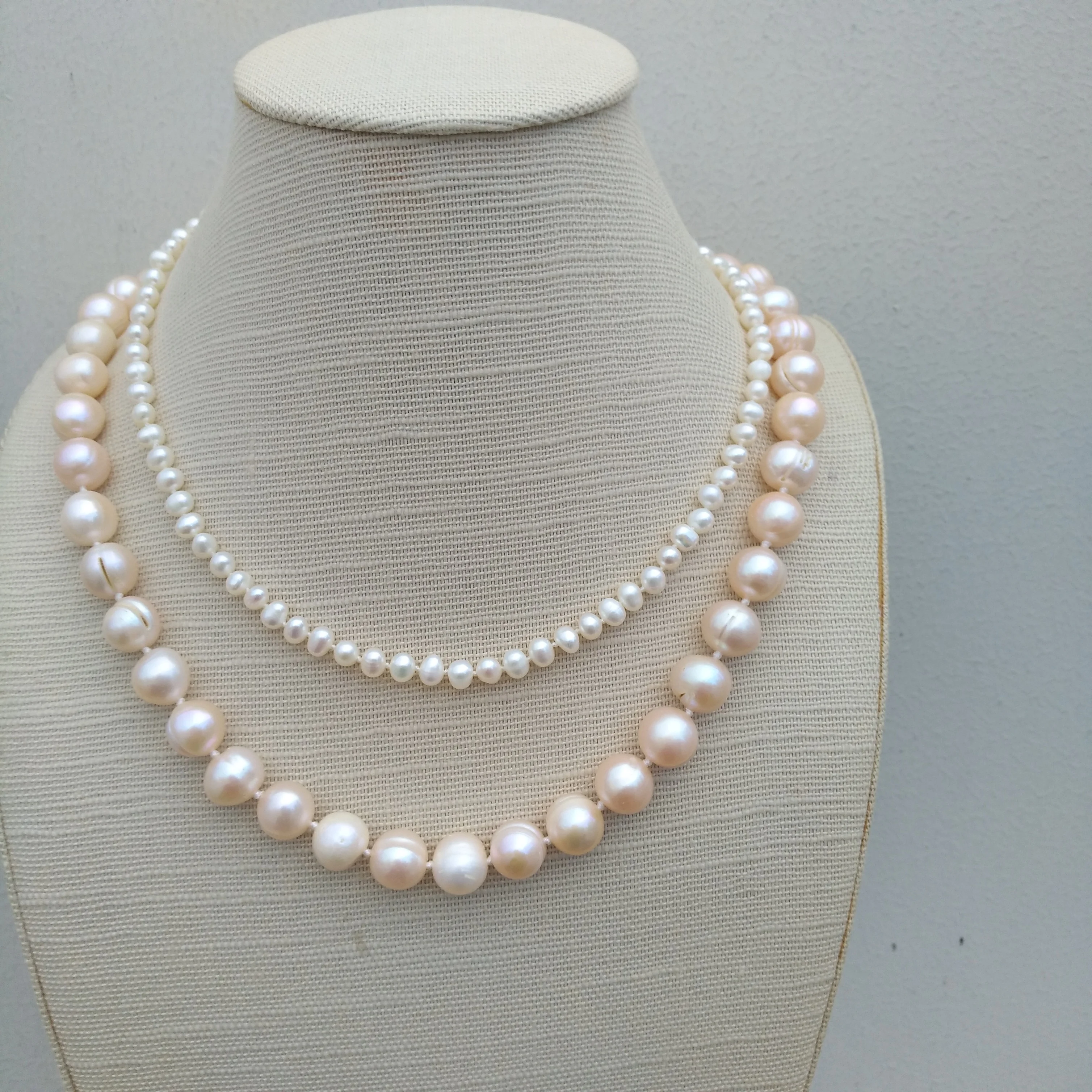 Classic 2rows Design Pretty Naturl South Sea White Mini &Pink Pearl Necklace 18