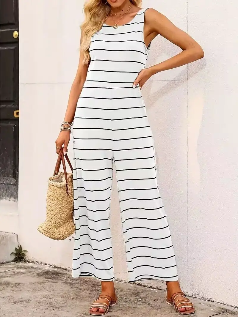 Striped Print Tank Jumpsuit, Casual Wide Leg Sleeveless Crew Neck Jumpsuit, Women\'s Clothing