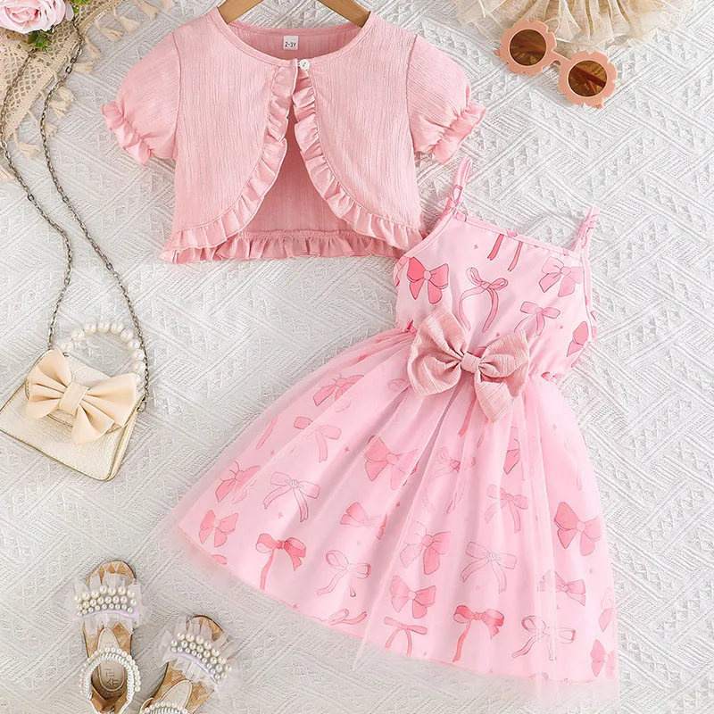 

2Piece Sets 2025 Summer Girl Boutique Clothes Korean Fashion Cute Print Cotton Baby Tops+Mesh Princess Dress Kids Clothing B035