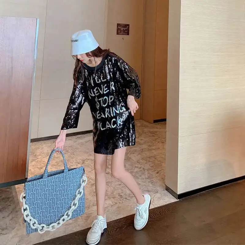#0215 Black Shinny Hip Hop T Shirt Women Harajuku Letters Sequined T Shirt Short Sleeve Loose Streetwear Long Tee Shirt Femme