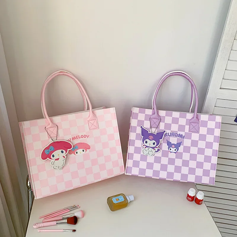 Sanrio My Melody Handbag 2024 New Large Capacity Cute Cartoon Checkered Versatile Crossbody Bag Felt Backpacks Women's Handbags