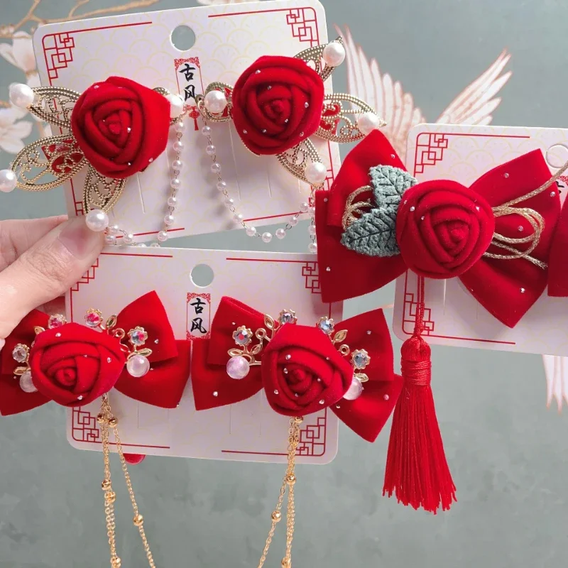 Chinesische Hanfu Mädchen Kopf bedeckung Neujahr Mädchen Haarschmuck niedlichen roten Rose Kinder Haars pange Festival Geschenk