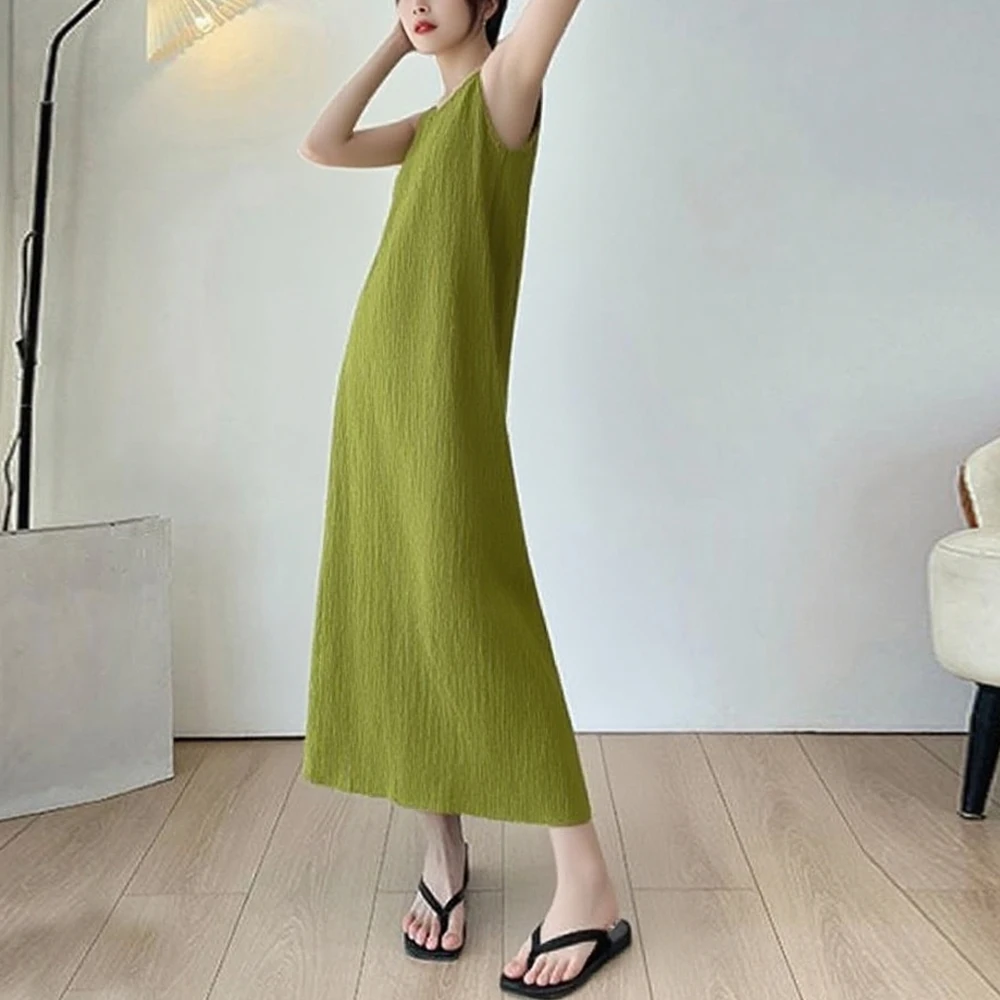 

Soft Knit Midi Dress Spaghetti Strap Dresses Women Black White Purple Female Simple Camisole Sleeveless Pleated Knitwear Dress