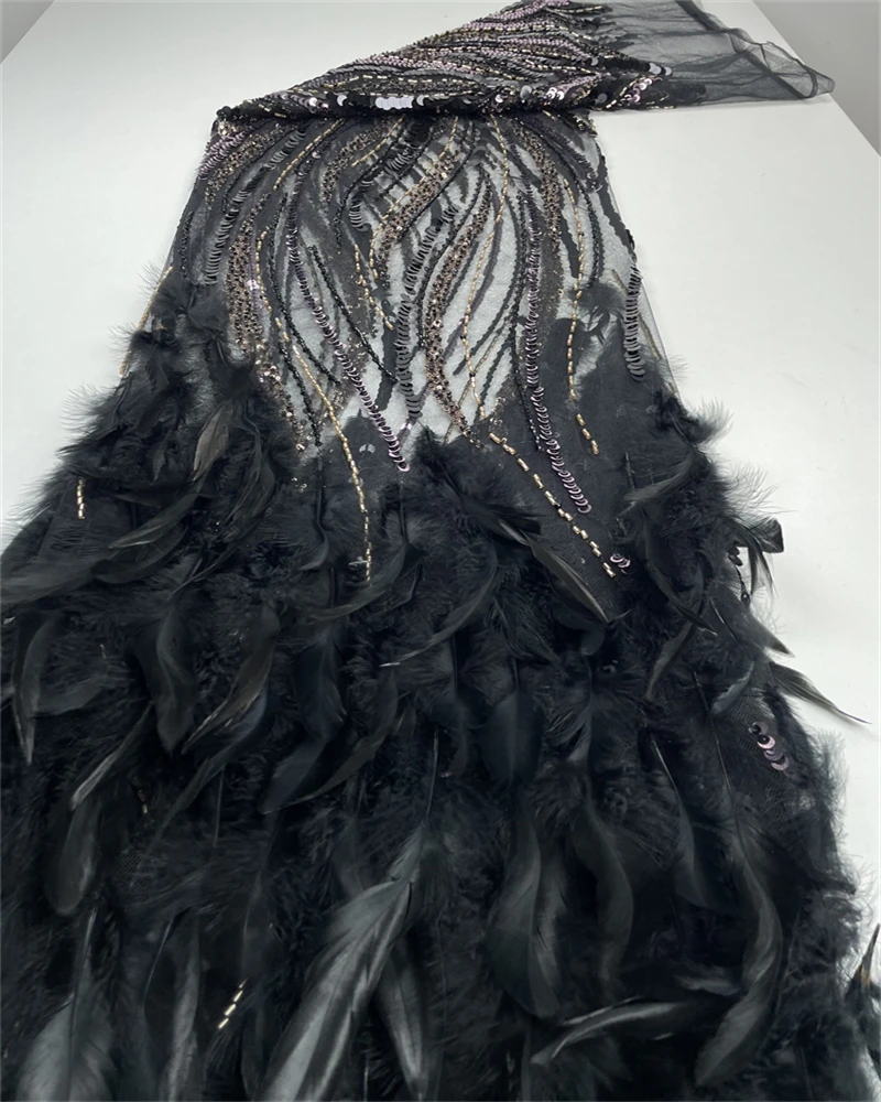 High-End African Nigeria handgemachte Perlen 3D Feder Stickerei Französisch Pailletten Spitze Stoff für Abendkleid Hochzeit