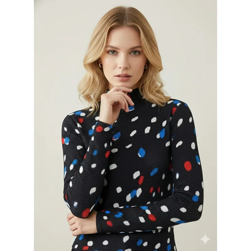 

Miyake Folds 2026 Spring and Fall New Slim Long-sleeved T-shirt Bottoming Shirt Half-high Neck Fashion Printing Blouse Female