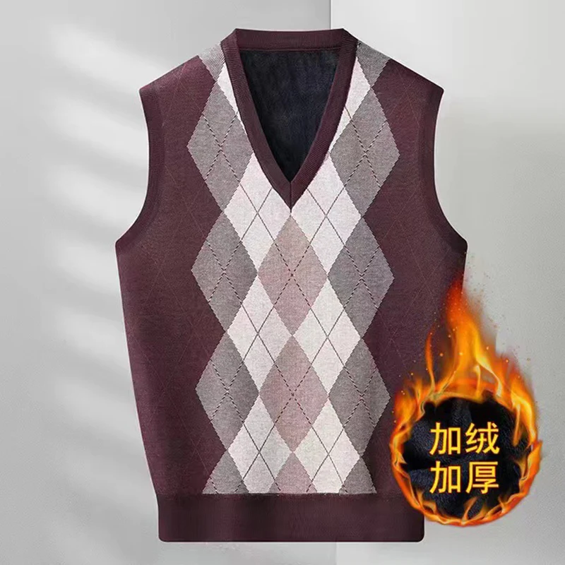 

Осень-зима, мужской утепленный теплый свитер на флисовой подкладке, жилет, повседневный жилет без рукавов с v-образным вырезом и ромбовидным узором, пуловер