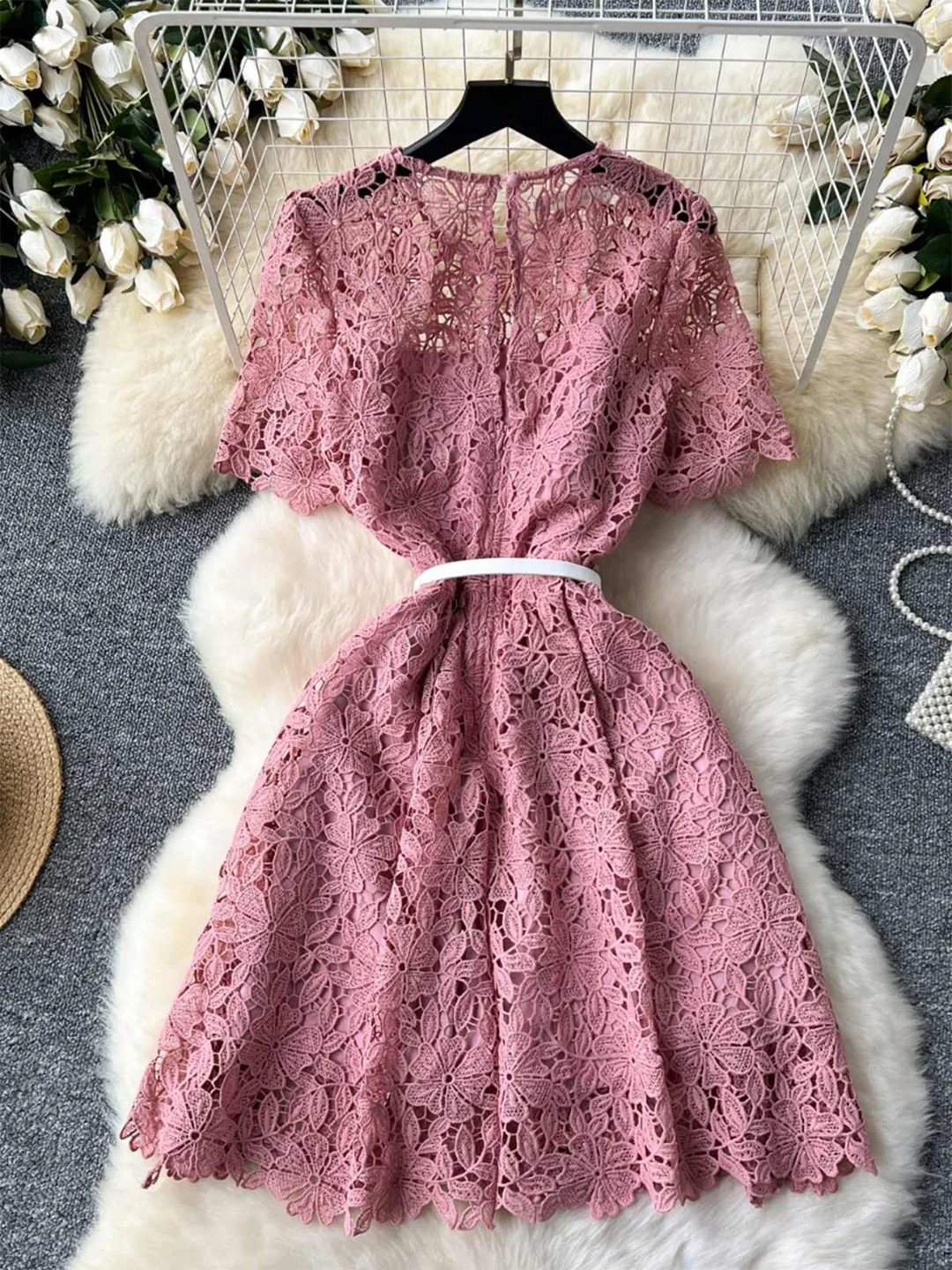 Croysier Round Neck Short Sleeve Dress With Belt Fashion Crochet Lace Elegant Casual Mini Dresses For Women Summer Clothes 2025