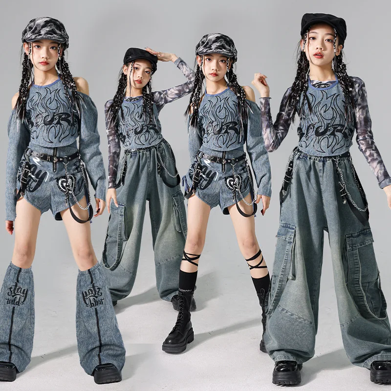 

Kid Hip Hop Clothing Denim Blue Off Shoulder Crop Top Casual Baggy Pants Jeans Shorts for Girl Jazz Dance Costume Clothes Outfit