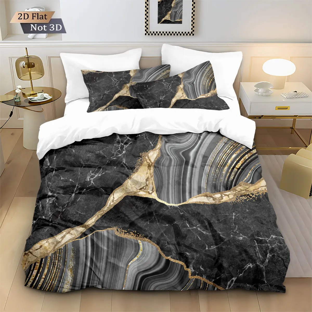 Classic Luxury Black & Gold Marble Duvet Cover Set with Pillowcases Modern Bedding Full Queen King Size Bed Comforter & Luxury