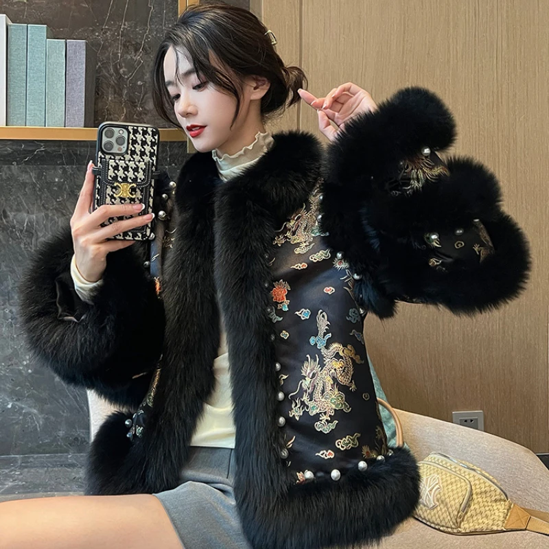 Faux Fox Fur Coat Women Short Fashionable Youthful Embroidered Tang Suit Luxury Fuzzy Outerwear, Winter, New Design Style, 2024