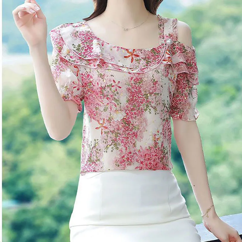 Fashion Printed Spliced Ruffles Off Shoulder Floral Blouse Women\'s Clothing 2023 Summer New Casual Pullovers Office Lady Shirt