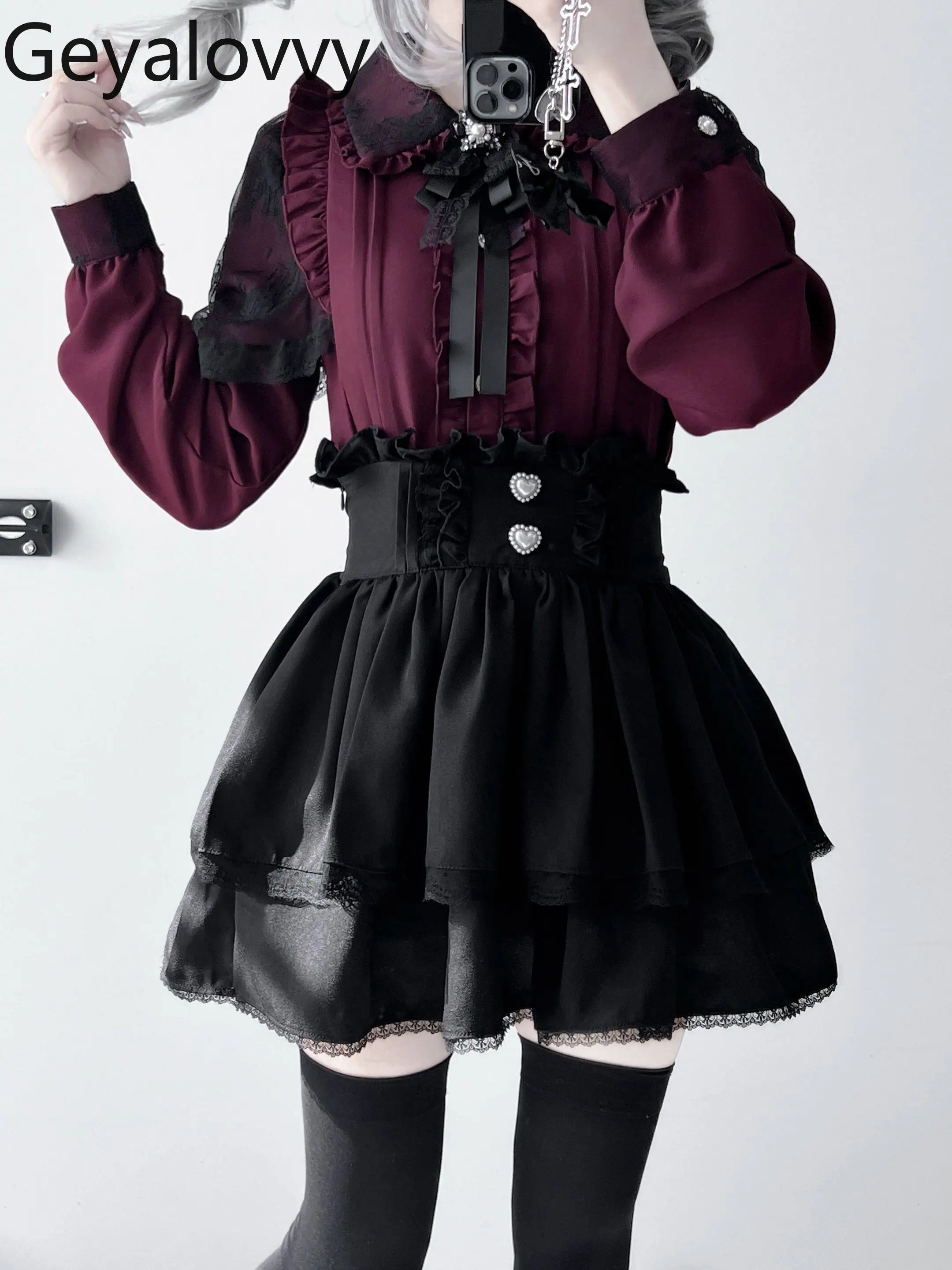 

Lolita Set Japanese Style Original Design Long-sleeved Shirt and Skirt Suit with Bow Lace Sweet and Cute Women's Two Piece Sets