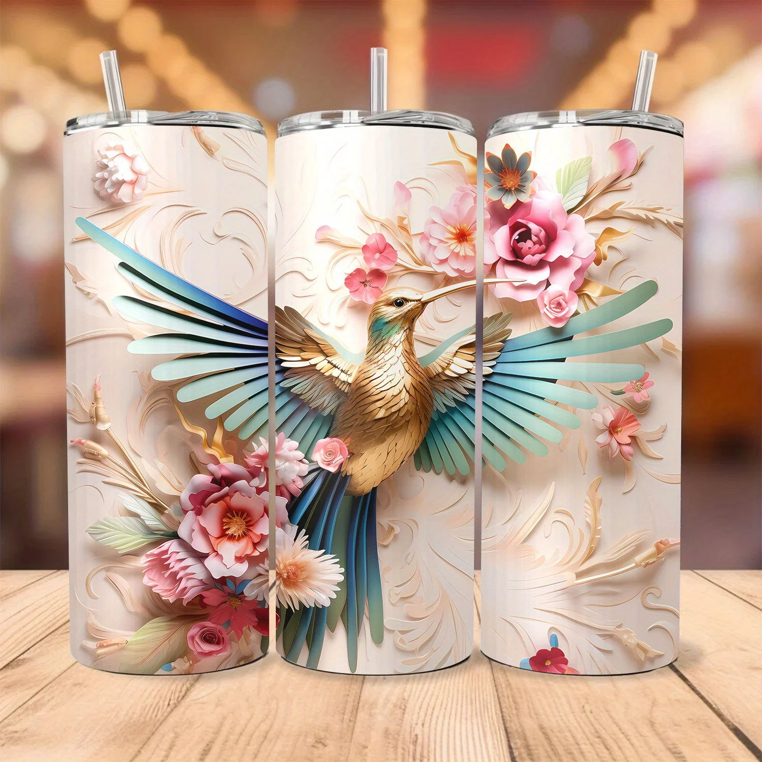1pc Hummingbird Floral Design 20oz Stainless Steel Tumbler with Lid and Straw, Double Wall Vacuum Insulated Travel Mug, Hand Wash Only, Round Shape, PVC Free - Ideal for Hot and Cold Beverages, Home, Travel, Outdoor Use
