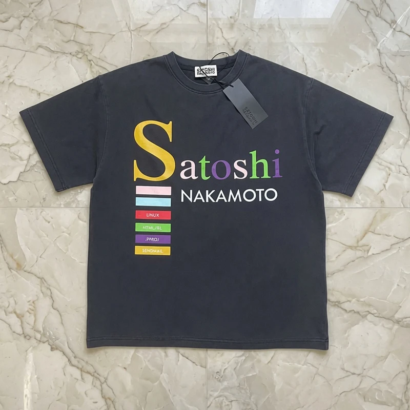 Satoshi Nakamoto Tee Tops Summer Casual Original Label High-quality Color Letter Logo Printed Wash Black T-shirt