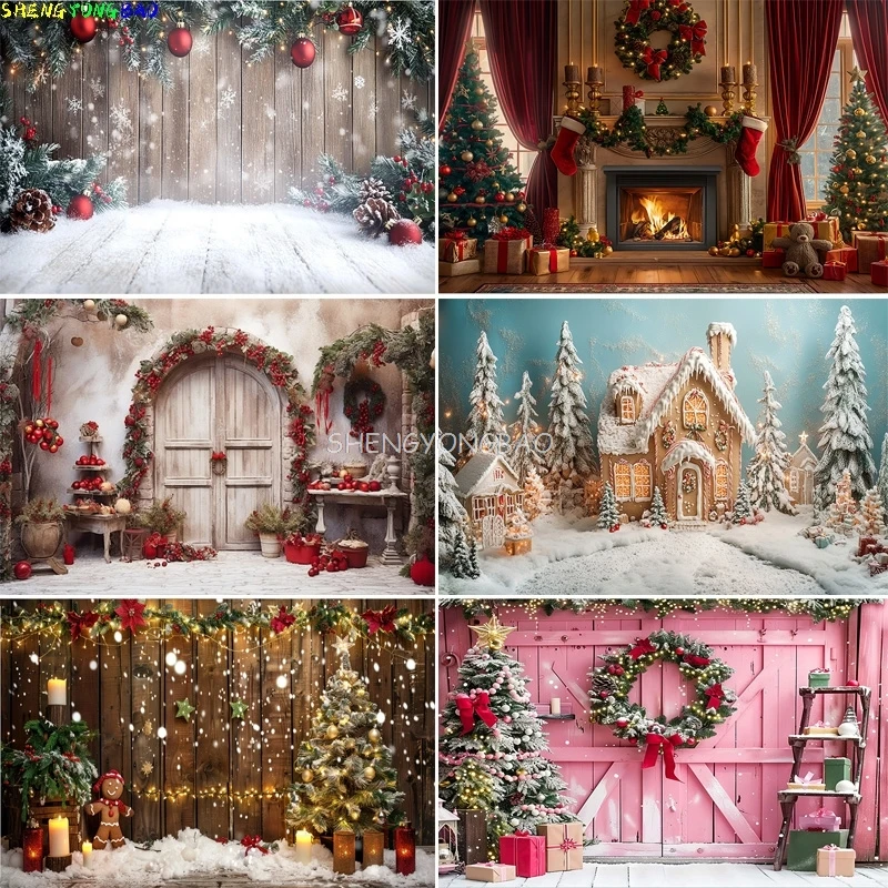 

Christmas Day Pine Tree Gift Photography Backdrop Props Xmas Eve Party Decor Fireplace Window Family New Year Background HQ-01