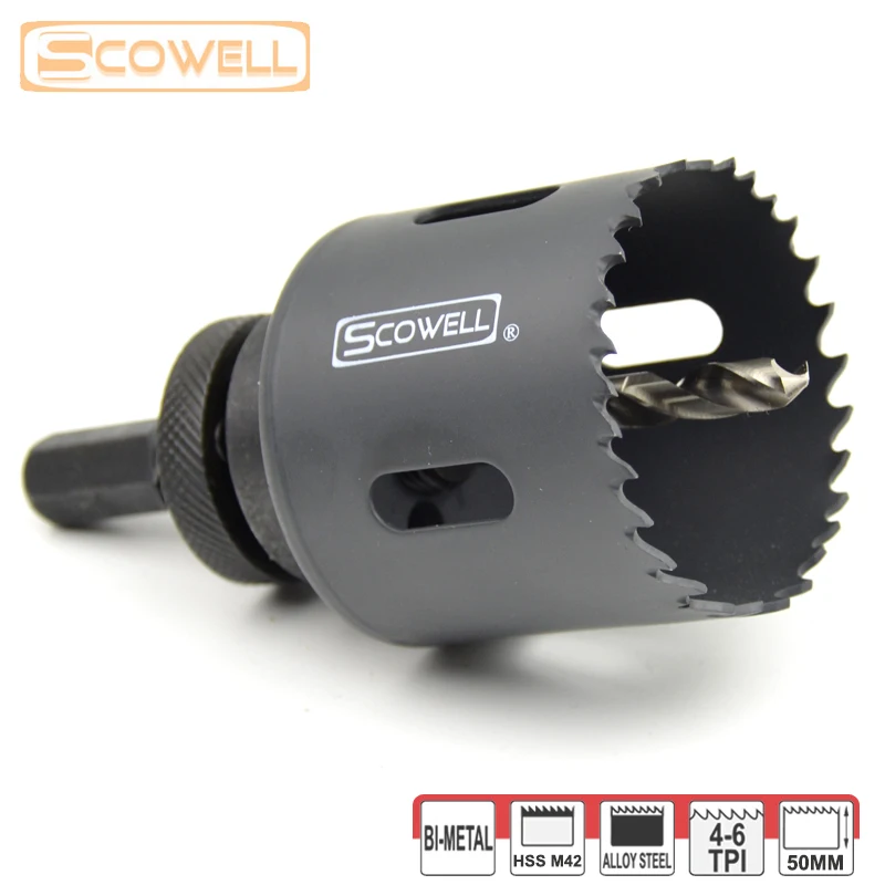 1 Pack SCOWELL HSS Bimetallic M42 Cobalt 8% 47mm Deep Holesaw Cutter With Arbor Drill Bit Set For Cutting Wood Metal Crown Saw