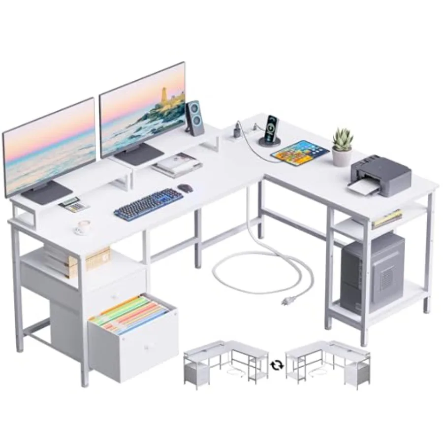 

Белый угловой компьютерный стол L-образной формы 59 дюймов с розеткой, двусторонний, с выдвижным ящиком для документов и 2 подставками для мониторов, для домашнего офиса