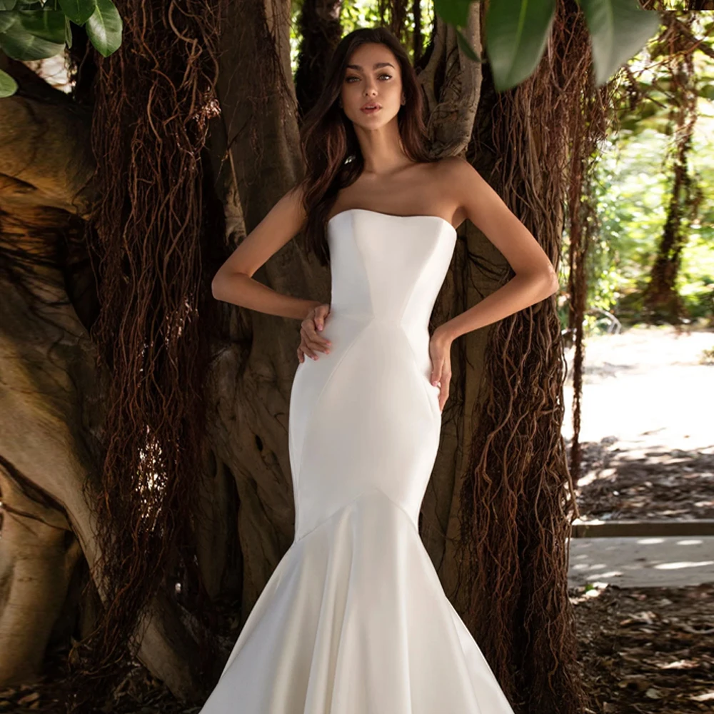 Simple Strapless Wedding Dresses Sleeveless Boat Neck Bridal Grown  Floor Length Satin Mermaid Button Vestidos De Novia 2024