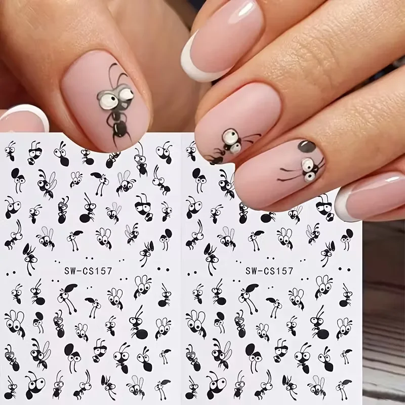 ملصقات أظافر النمل الكرتونية اللطيفة - شارات راتينج ذاتية اللصق غير لامعة لأظافر الأصابع وأظافر القدم، باللونين الأسود والأبيض #1