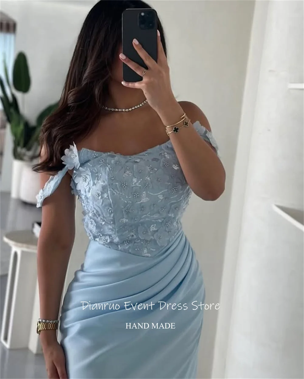 فستان سهرة Dianruo بدون أكتاف حورية البحر كريستال على شكل زهرة فساتين سهرة أنيقة من الساتان بطيات عربية عربية مخصصة
