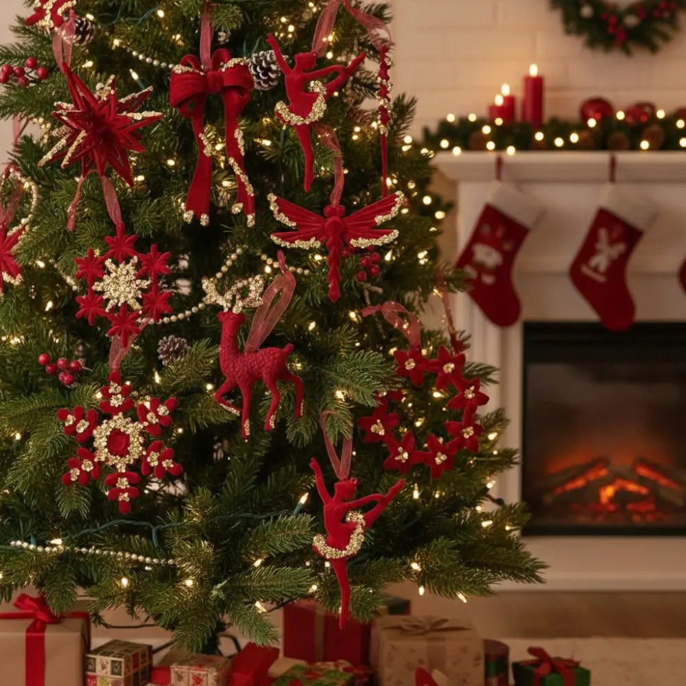 

Wine Red Christmas Tree Pendant Glitter Bow Gold Sequin Snowflake Elk Hanging Ornaments Butterfly Dragonfly Flocking