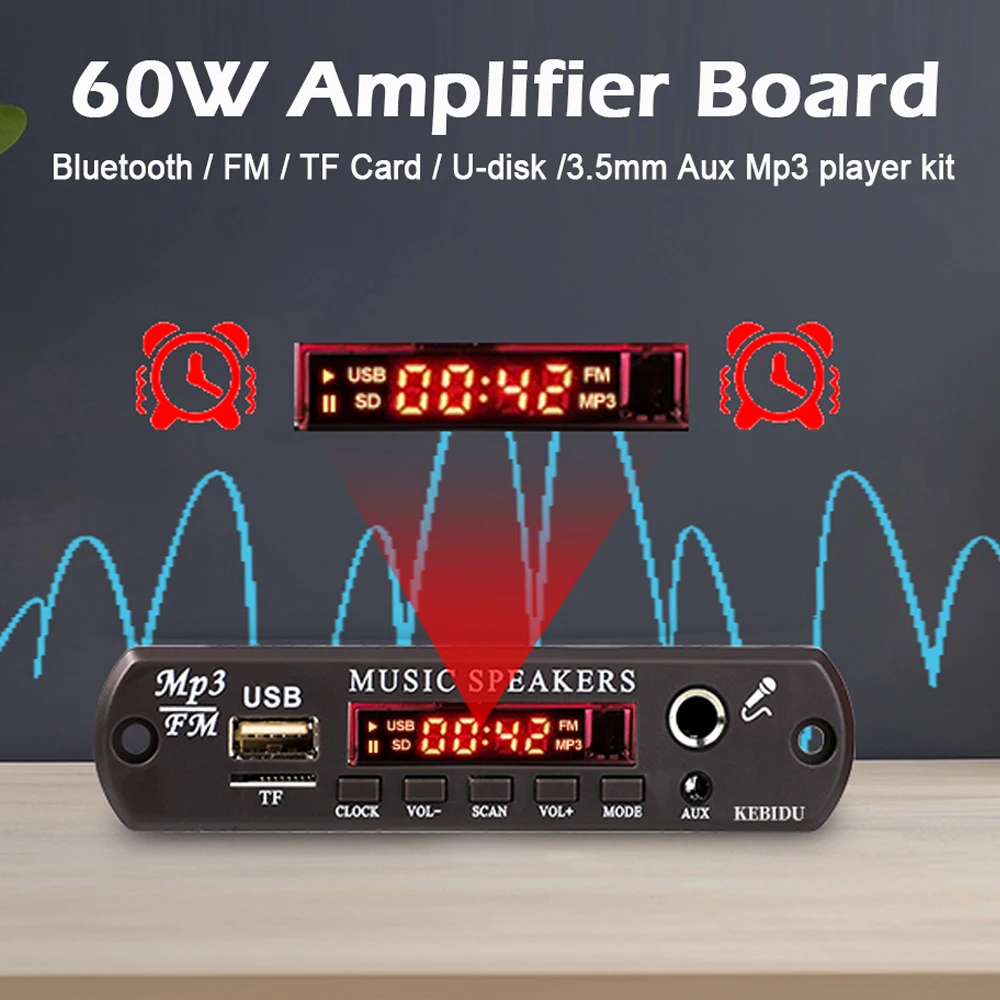 60W Amplifikatör Diy Araba Radyo Modülü 12V Bluetooth 5.3 MP3 Dekoder Kurulu Dijital Saat 6.5mm Mikrofon Jakı USB TF AUX Desteği Karaoke