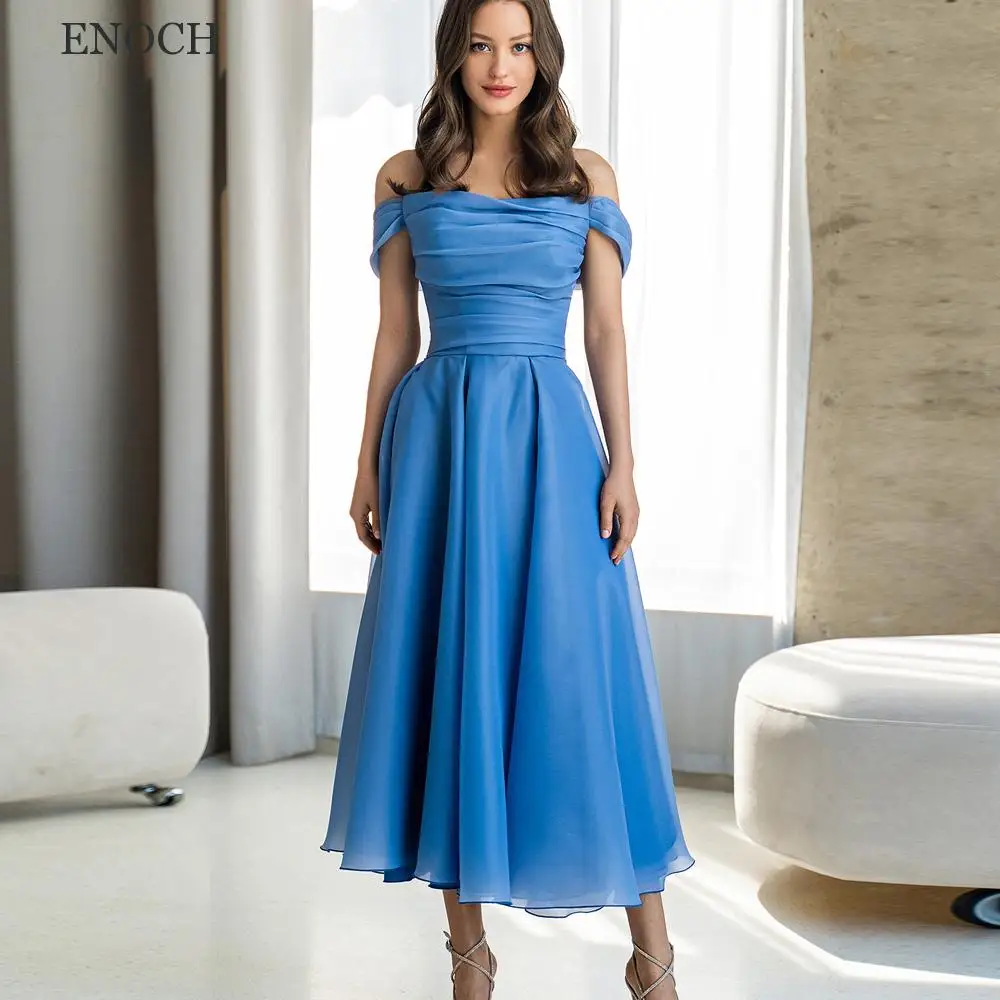 

ENOCH Simple Prom Dresses Boat Neck Off The Shoulder Lace Up Back Tea Length Pleat Party Gown Custom Made فستان حفلات الزفاف New