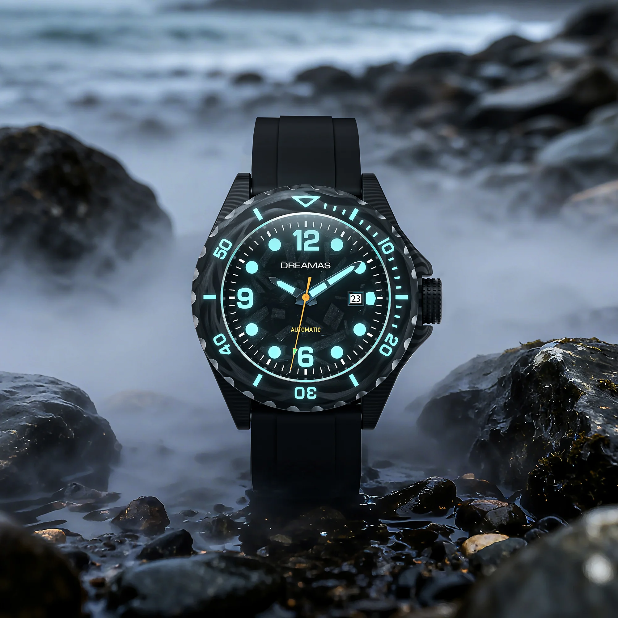 DREAMAS Herren-Taucheruhr aus Kohlefaser, automatische mechanische Taucheruhr, 500 m wasserdicht, Schweizer 3D-Leucht-Sport-Armbanduhr – Detail 11