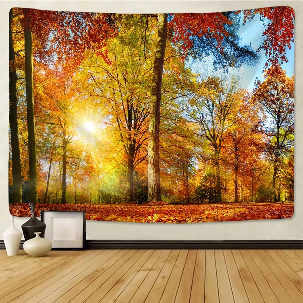 HD-Psychedelic Nature Landscape Tapestry, Birch & Liquidambar Forest Wall Art with Mandala for Hippie Home Decor