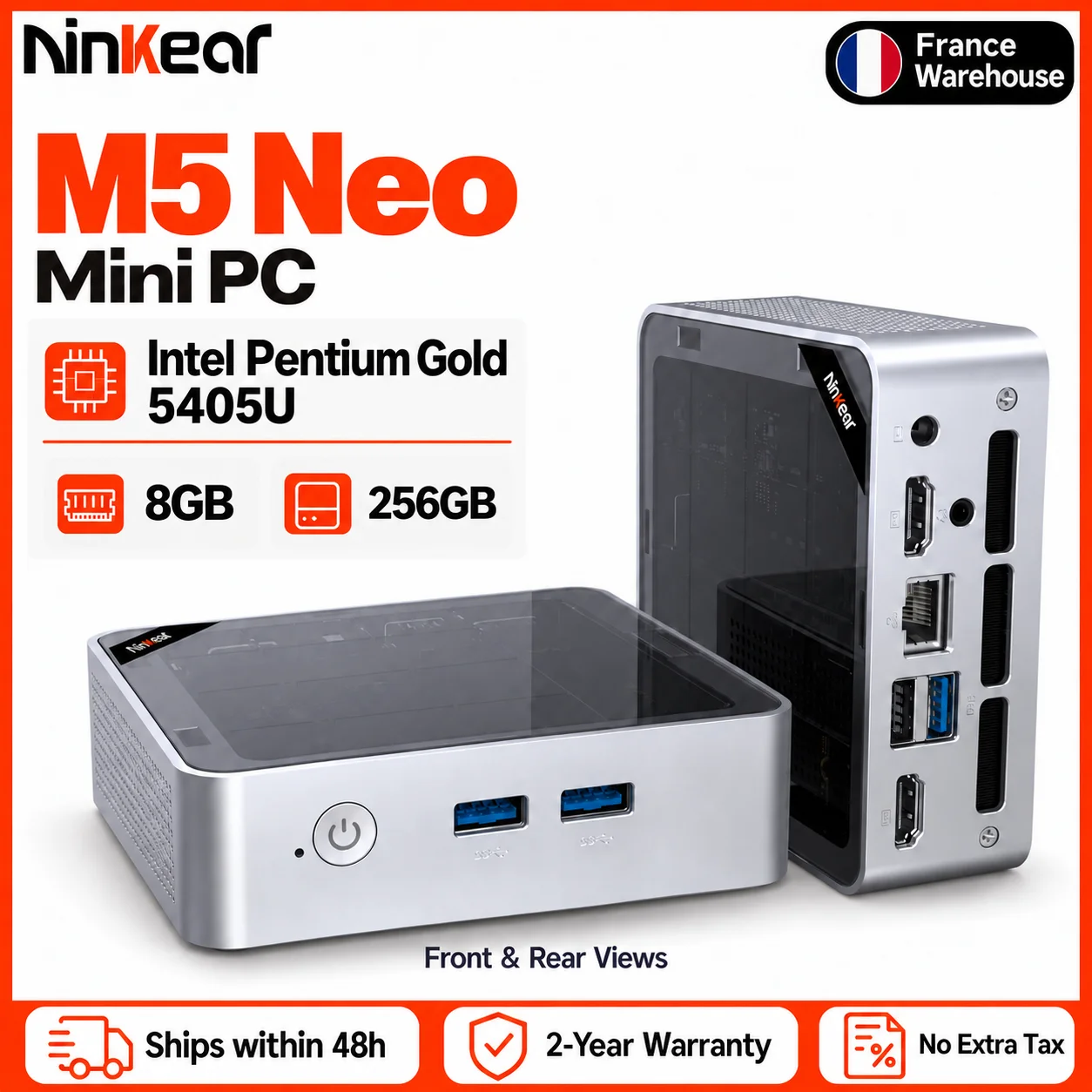 Ninkear M5 Neo Mini PC met dubbele HDMI, Gigabit Ethernet, WiFi 5, Bluetooth 5.0 en USB 3.2, Intel Pentium Gold 5405U, 8GB RAM, 256GB SSD, Windows 11, compacte desktopcomputer voor dagelijks gebruik