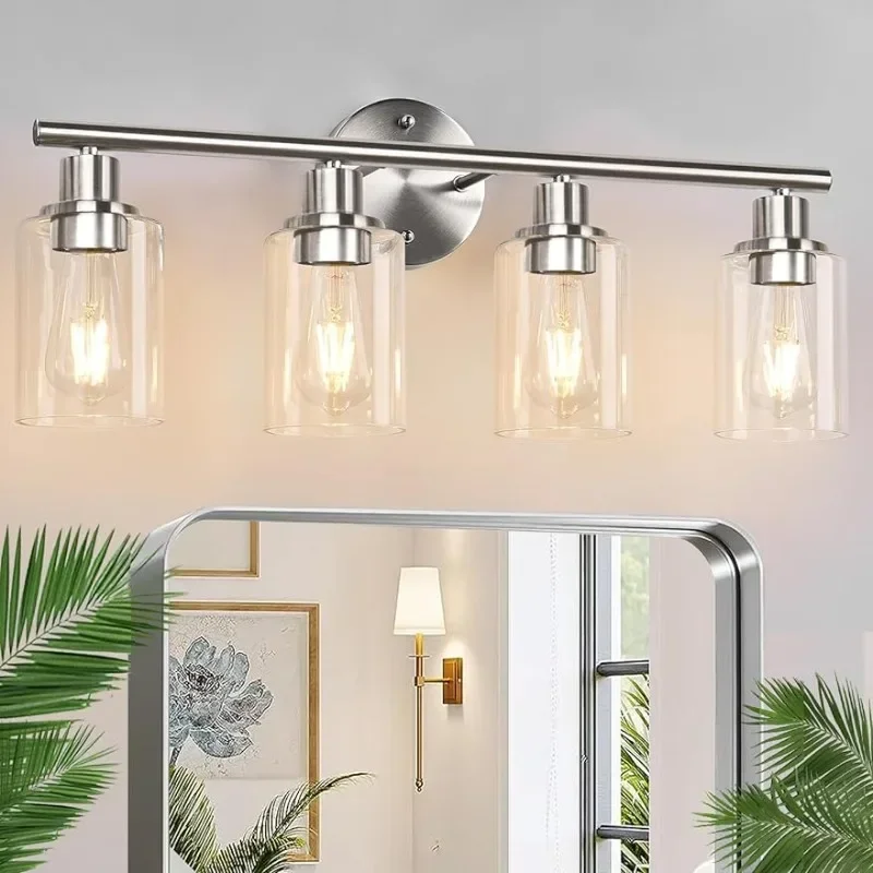 

4-Light Bathroom Light Fixtures, Brushed Nickel Modern Vanity Lights Over Mirror with Clear Glass Shade, Bathroom Wall Lamp