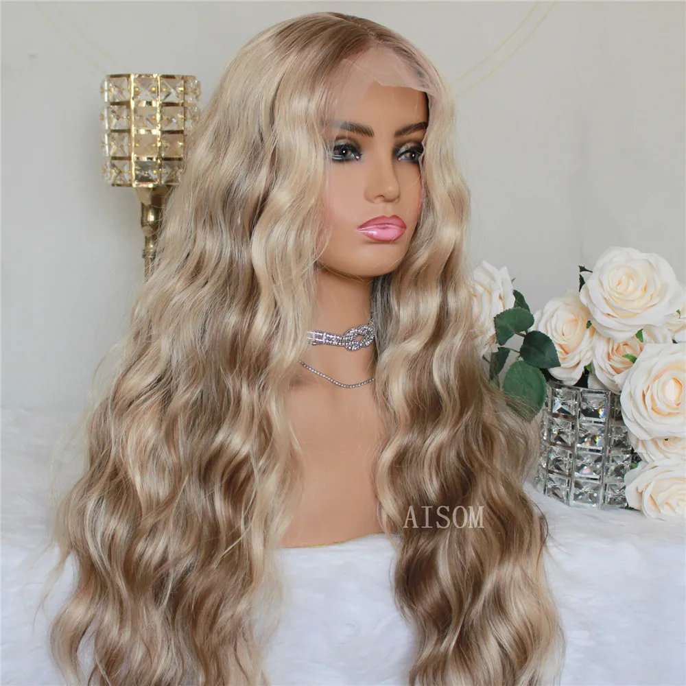 Long Wavy Synthetic Lace Front Wig Highlight Blonde Natural Wave Transparent Pre Plucked Heat Resistant Fiber Wig for Women