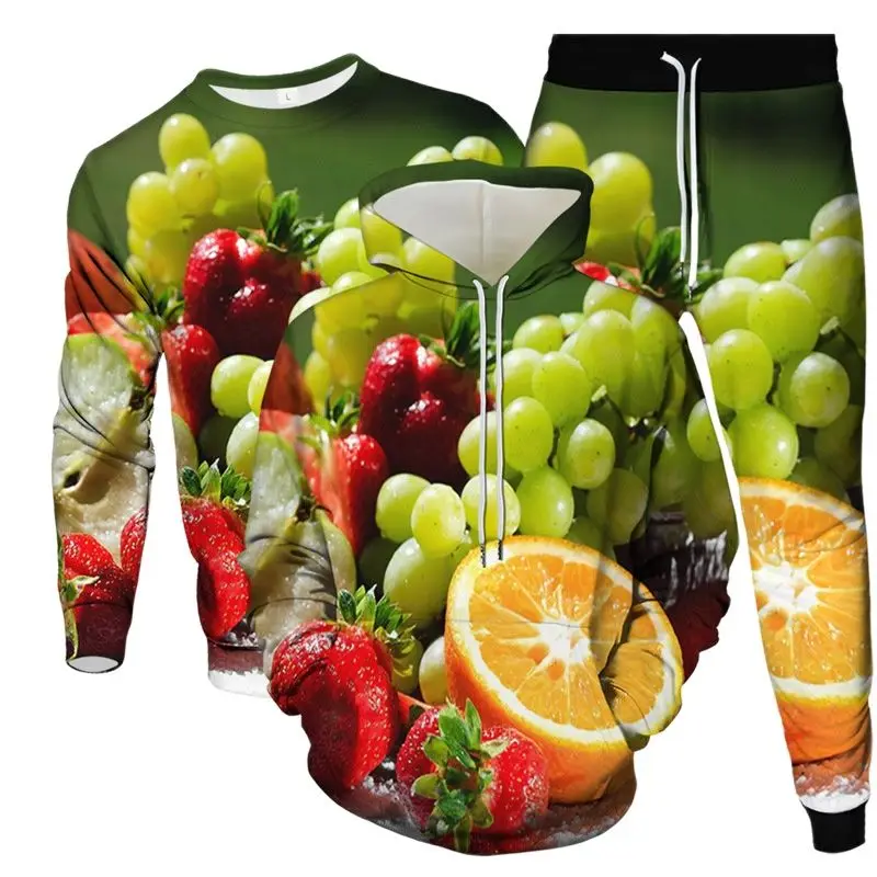 Mens Fruit Tracksuit Strawberry Orange Pear Apple Banana 3D Print Clothing Suit Male Casual Hoodies Jogging Pants Sweatshirt Set