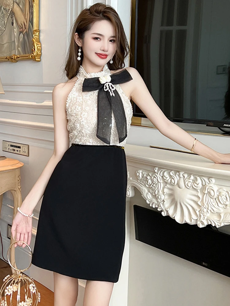 

Summer Evening Short Dress For Women Elegant Luxury Chic Sweet Bow Sleeveless Slim Mini A-Line Party Prom Birthday Mujer Vestido