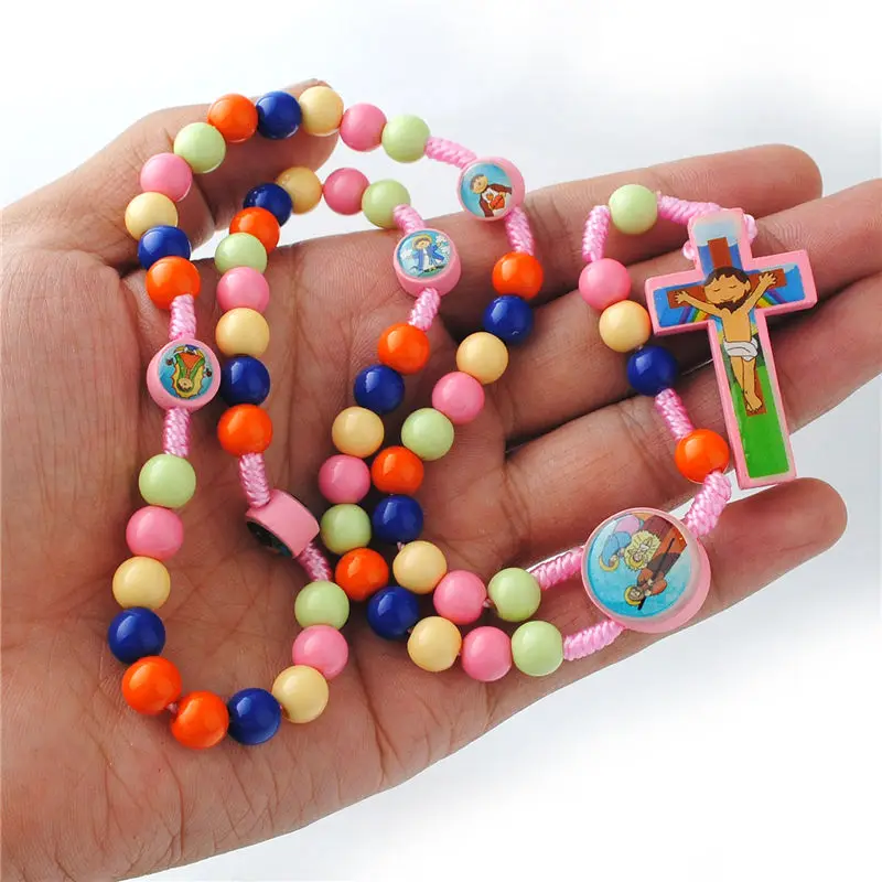 1-Piece Set Cartoon Colored String Cross Prayer Beads Necklace Jewelry for Communion Baptism - Multicolor Faith-Based Accessory