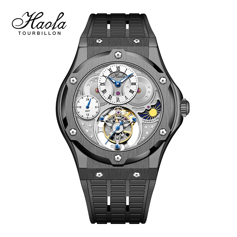 

Haofa Flying Tourbillon Watches for Men GMT Moonphase Sapphire Manual Movement Mechanical Mens Watch Business Casual Dress 1919