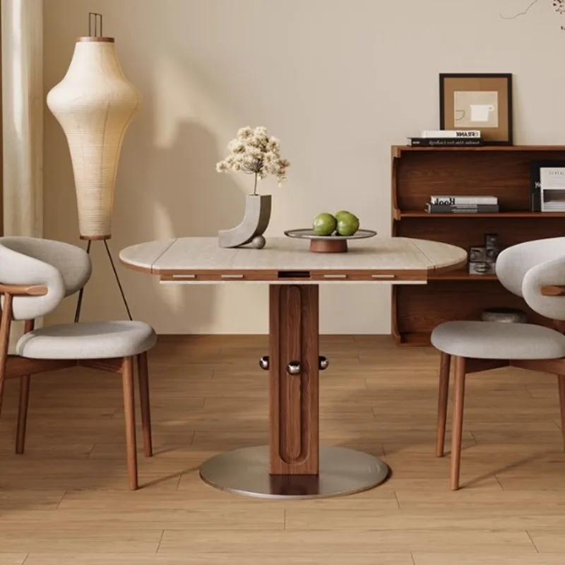 

Medieval travertine rock slab round table retro round dining table household small apartment Nordic Bauhaus solid wood