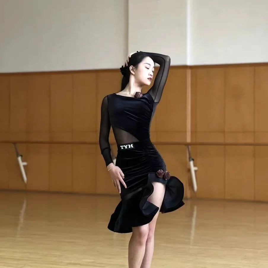 latin dance dress woman competition dance shirt skirt long sleeve Dance wear perform Latin suit stage custom 2025 suit
