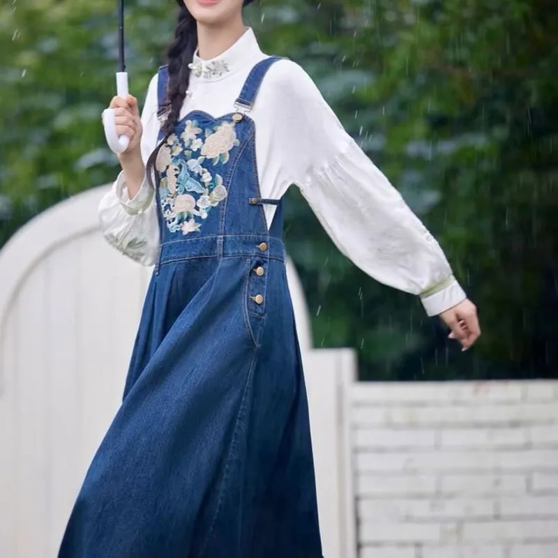 Robe en jean brodée florale de Style National pour femmes, nouvelle robe décontractée sans manches, automne 2025