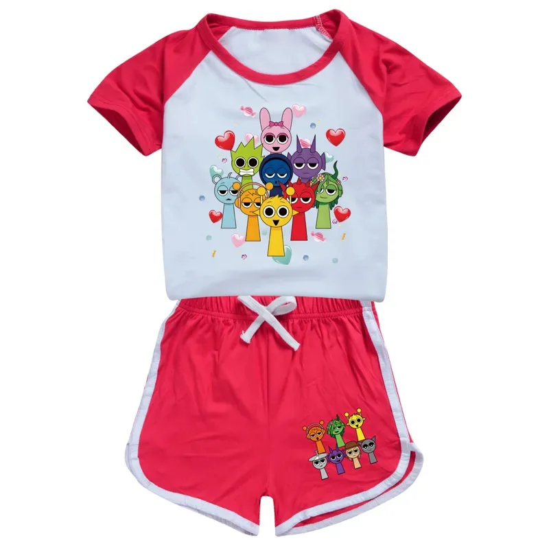 

111, комплект футболок www Sprunki, футболка с принтом для девочек + шорты, пижамы, забавная одежда, детские рубашки для мальчиков, домашние рубашки для маленьких мальчиков