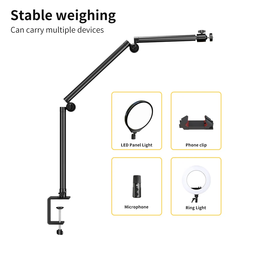 SH Flexible Three-section Metal Desktop Bracket 2kg Load Capacity With Ball Head Long Arm Camera Aluminum Stand