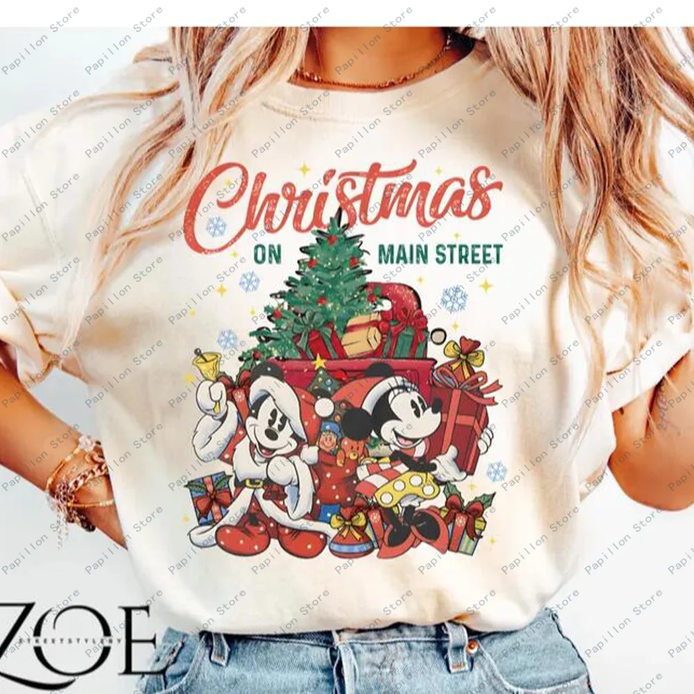 Comfort Colors Vintage Mickey Minnie Disney Girls Tops Main Street Cotton Shirt Disney Christmas Tee Tree Merry Party Gift Hot