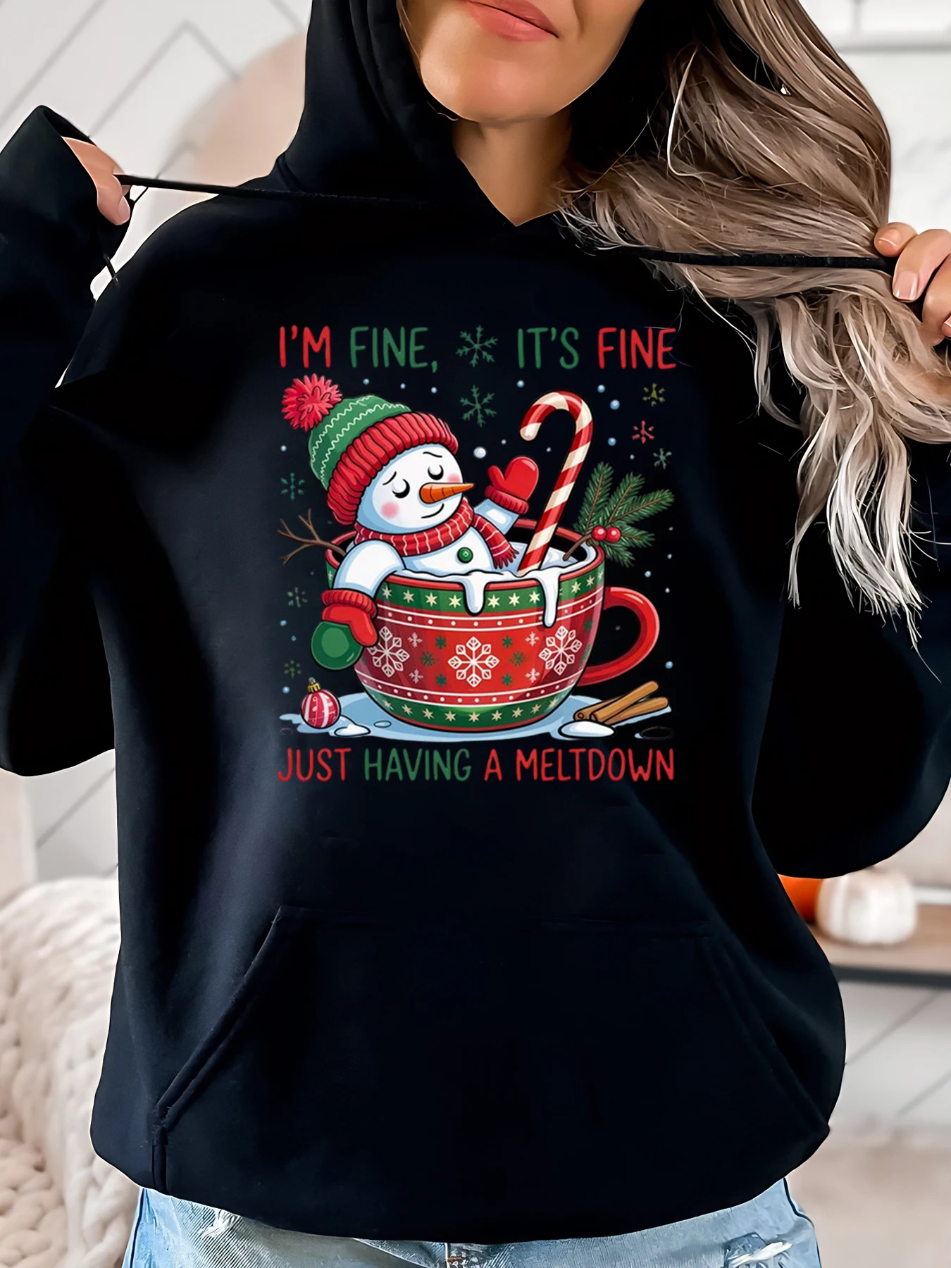 Bonhomme de neige dans la tasse, je suis bien, c'est bien, juste d'avoir une meltdown, sweat à capuche de noël pour femmes, vêtements de vacances d'hiver décontractés, noir, grande taille