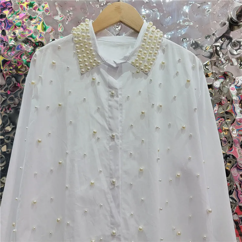 Blusa holgada blanca con cuentas para mujer, top a la moda, novedad