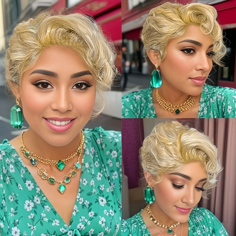 

Short Curly Wave Bob Wig Human Hair Blonde 13*4 Lace Front Wig Brazilian Remy Hair Virigin Pixie Cut Wig Pre Plucked with Baby H