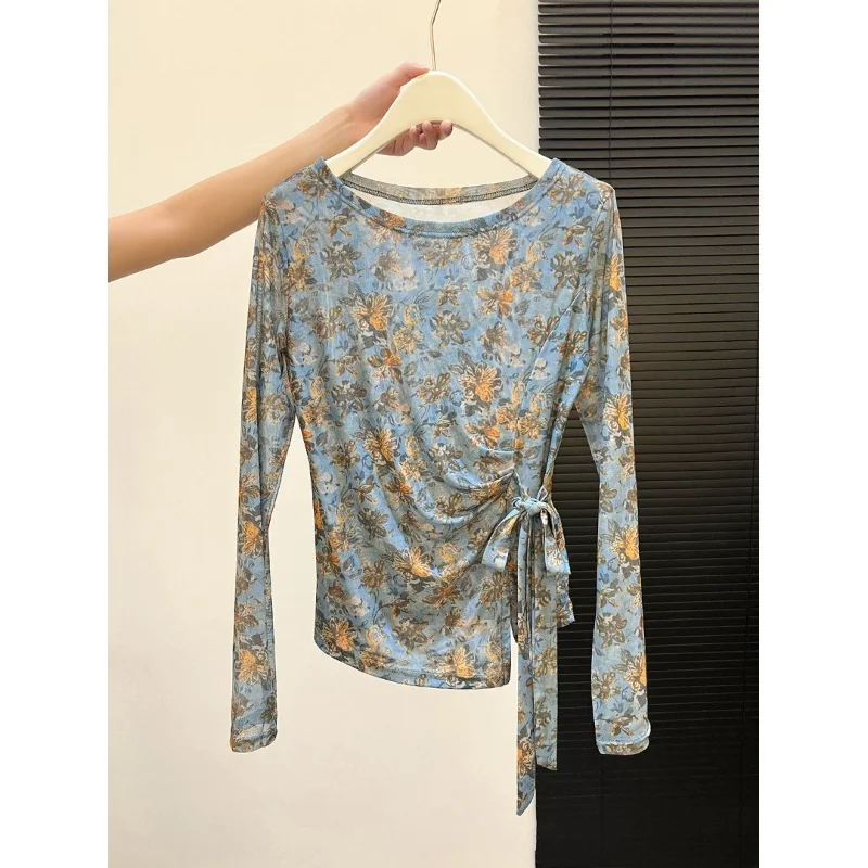 Retro Old Flower Design Long-sleeved Double-layer Mesh Top with Strap Waist T-shirt Distressed Printed Blouse Autumn