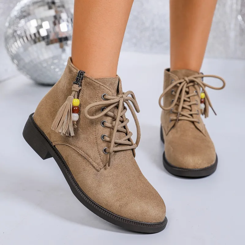 Suede Square Heel Single Boots Fall New Round Toe Front Lace-Up Side Zipper Soft Sole Anti-Slip Wear-Resistant Shorthole Boots