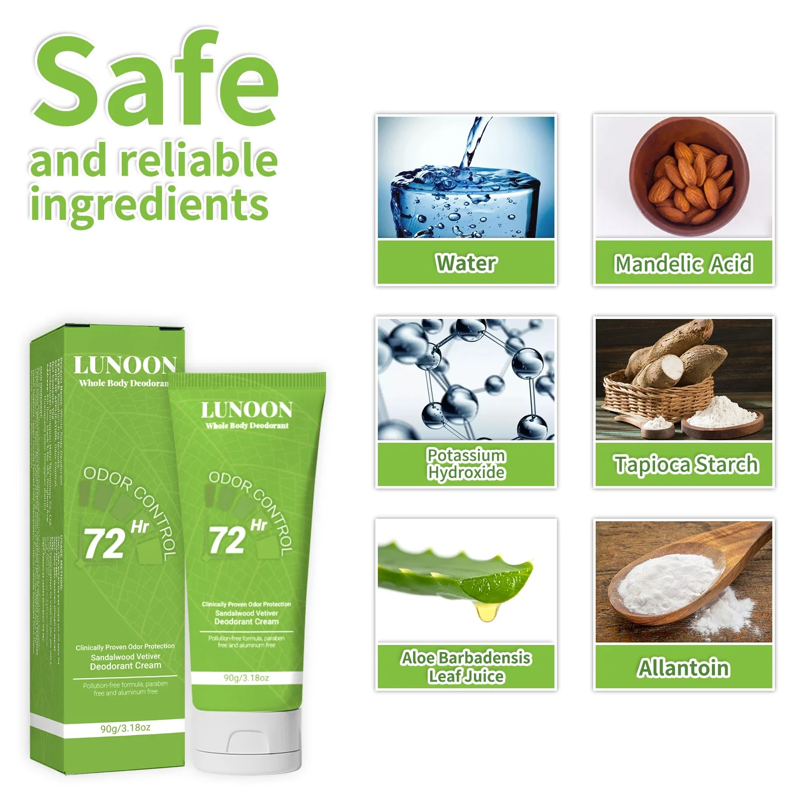 LUNOON Crema Desodorante para Todo el Cuerpo 90g - 72Hr Control de Odor, Aluminio y Sin Parabenos, Sándalo Natural Vetiver para Hombres y Mujeres