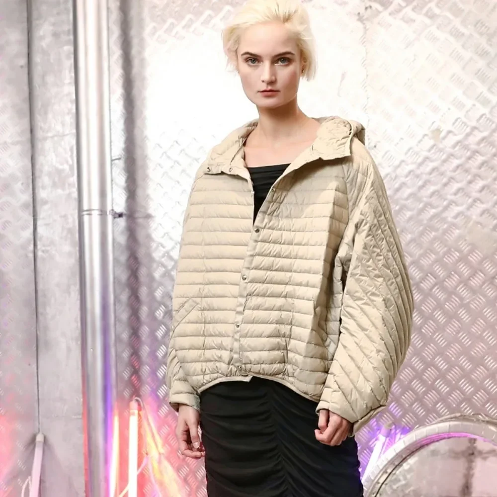 Mulheres novo inverno vintage oversize capuz puffer jaqueta ultra leve lanterna manga pato branco para baixo casaco penas feminino casual