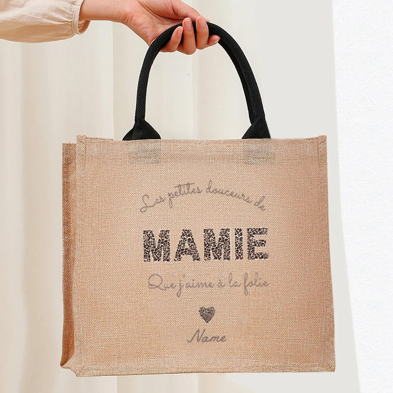 Personalized with Name Floral Boho Leopard Mamie Heart Bow Patterns Jute Tote Bag Shopping Bags Mum Daughter Mother's Day Gifts